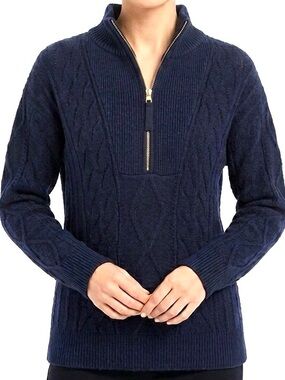 NWT Talbots Navy Cable-Knit Half-Zip high Neck wide Collar Sweater Gold Zip S